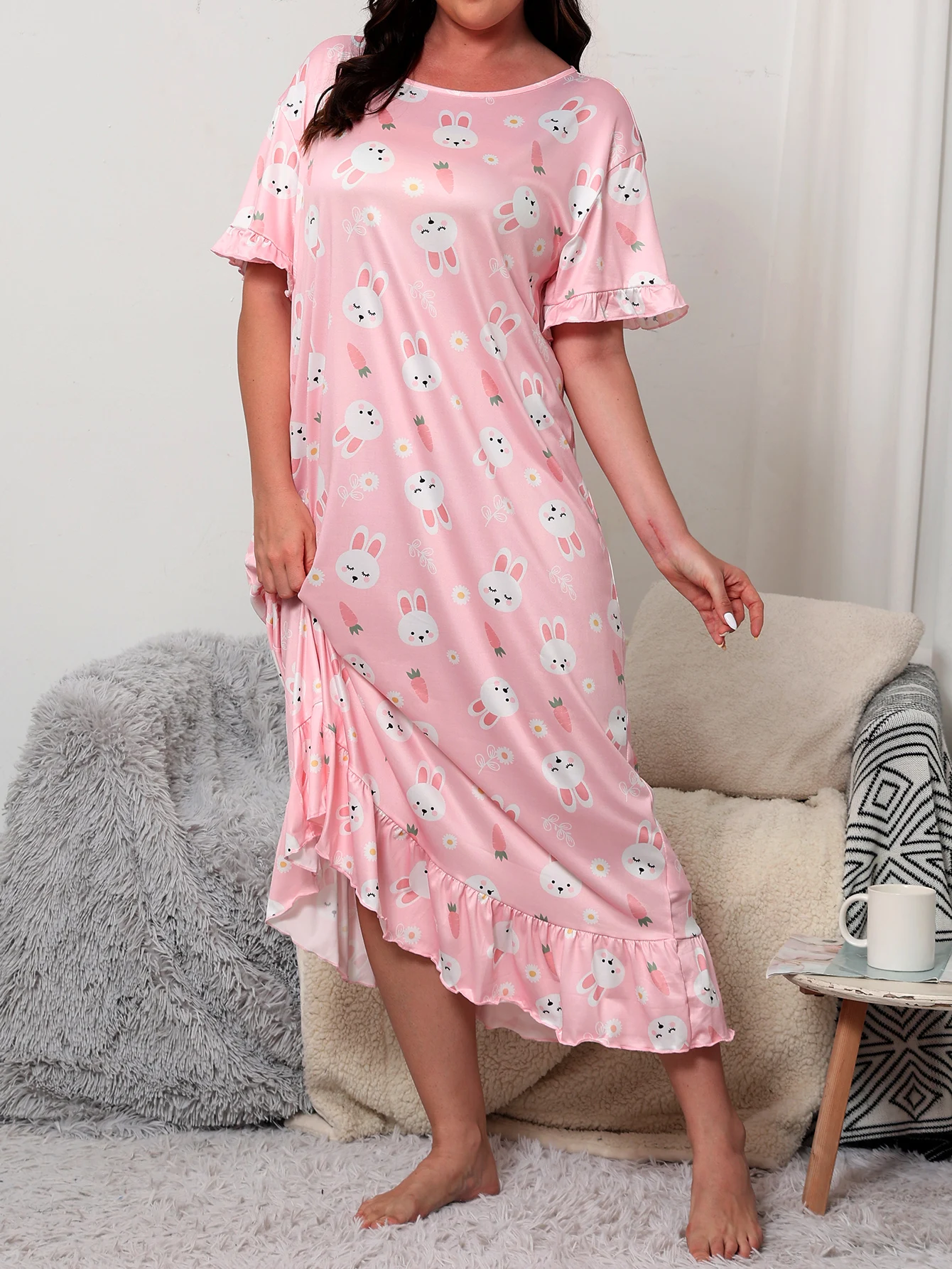 Milk Silk Short sleeved Skirt Pajamas Summer Thin Short sleeved Skirt Loose Pajamas Home Sleepwear Skirt Large Women\'s Pajamas