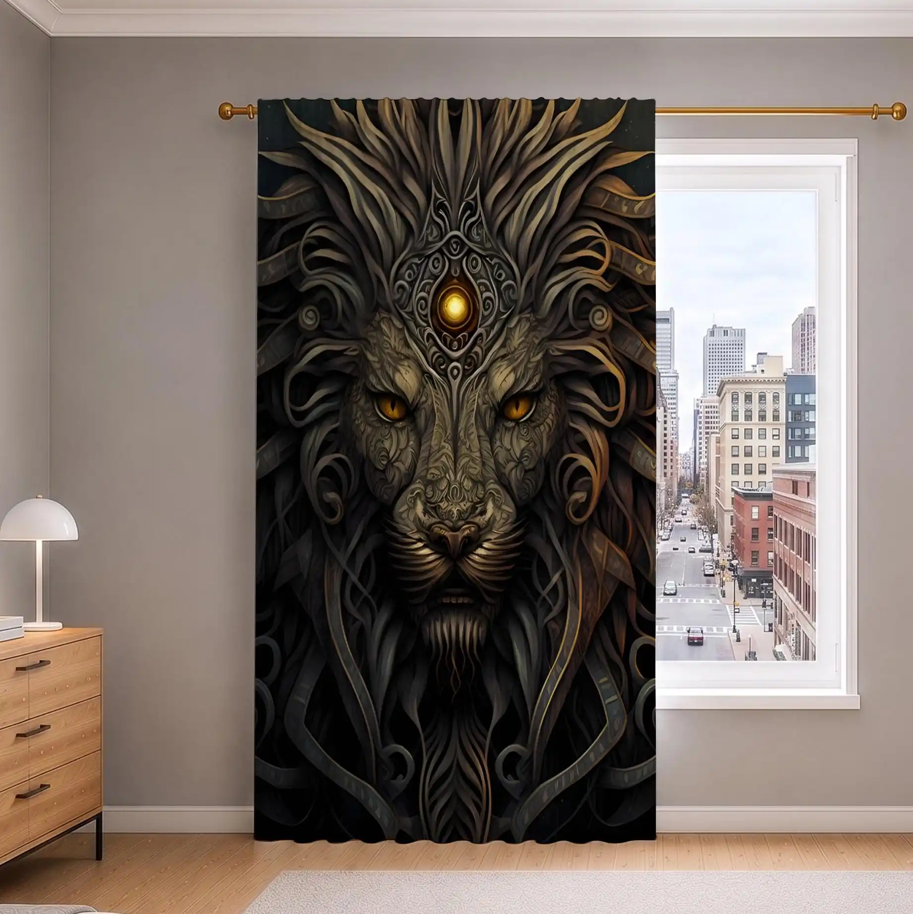 Mystic Lion Head Art Curtain Panel for Living Room Home Decor Gothic Fantasy Wall Hanging Window Treatment