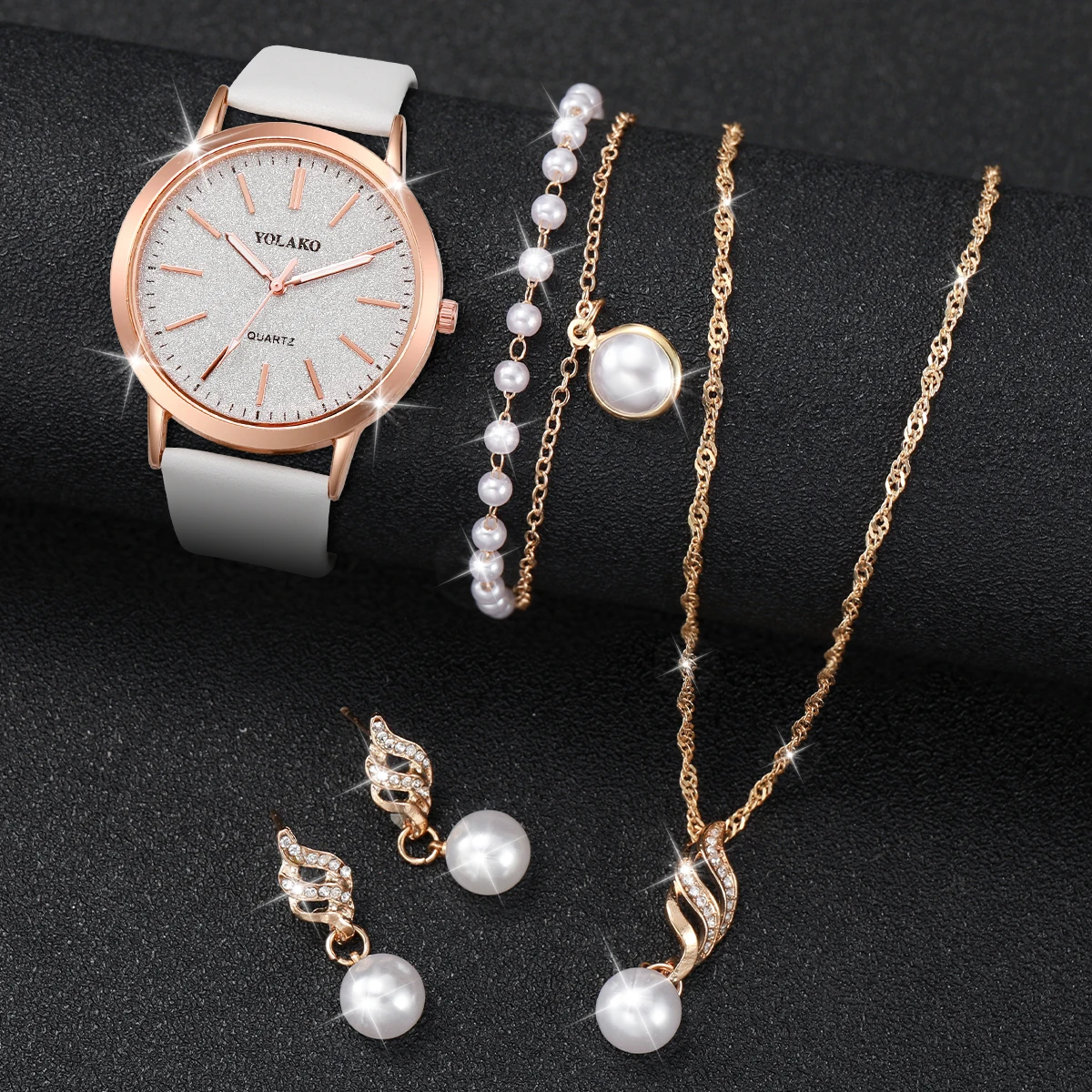 5PCS/Set Fashion Women’s Watch Casual Leather Band Quartz Watch Pearl Jewelry Set（Without Box）