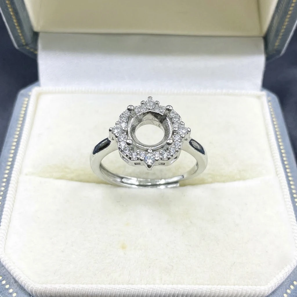 Brass Flower Ring Settings Blank With CZ 4 Prongs Adjustable Round Semi Mount Ring Base for DIY Women Jewelry Making Findings