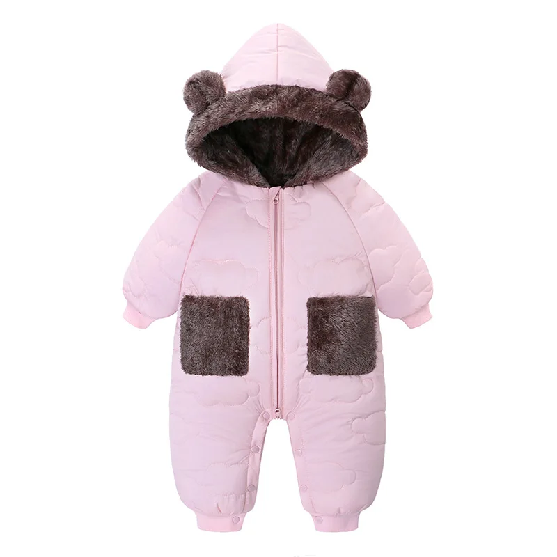 New baby winter plush thick solid color rabbit ear hooded outdoor windproof and warm jumpsuit for 0-2 years old