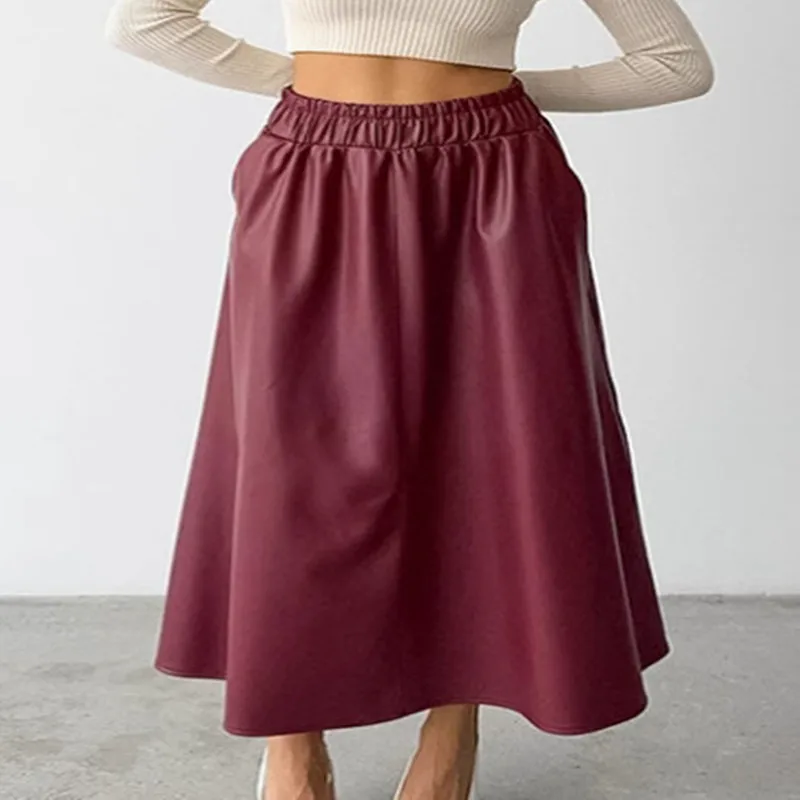 Ankela Red PU Leather Skirt 2024 Autumn/Winter European and American Commuter Elastic Waist A-line Half length Skirt