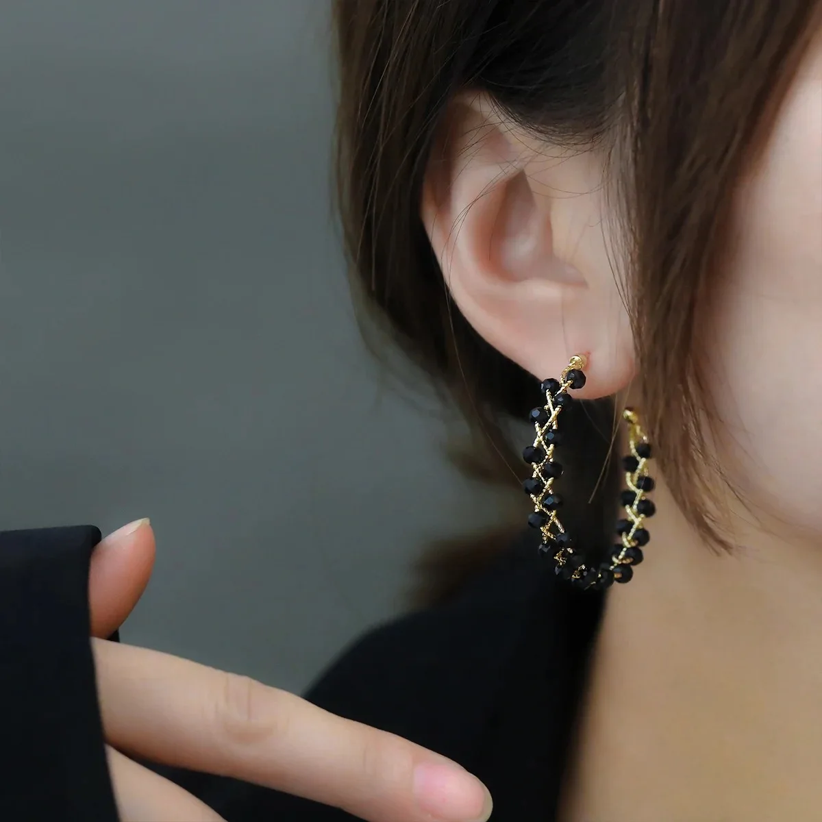 2023 Fashion Double-layer Black Crystal Woven Hoop Earrings South Korea Simple Accessories Party For Women\'s Luxury Jewelry