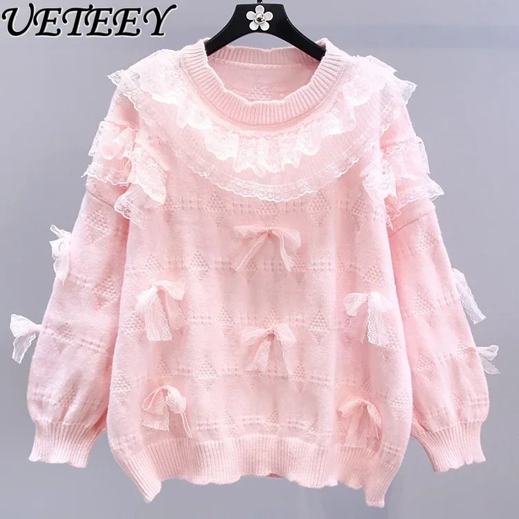 Sweet Girls Doll Collar Bow Solid Color Sweater Women's Autumn and Winter New Loose Design Age-reducing Knitted Pullover