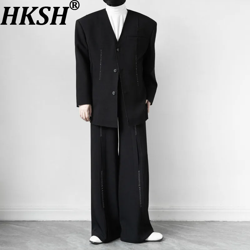 

HKSH весна осень новый женский комплект из двух предметов с v-образным вырезом однобортный пиджак с ручной прошивкой прямые брюки офисные женские модные HK13266