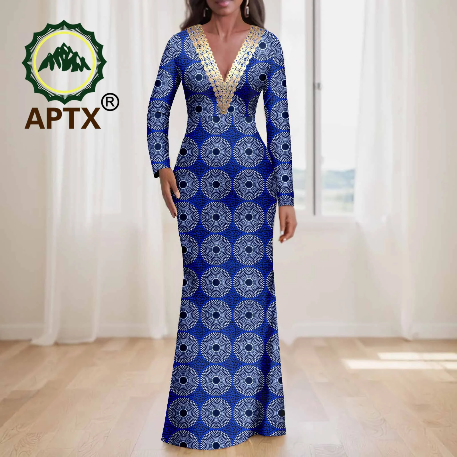 African Women's Dresses Ankara V-Neck Full Sleeve Floor Length Dress Dashiki Printed Party Wedding Dresses