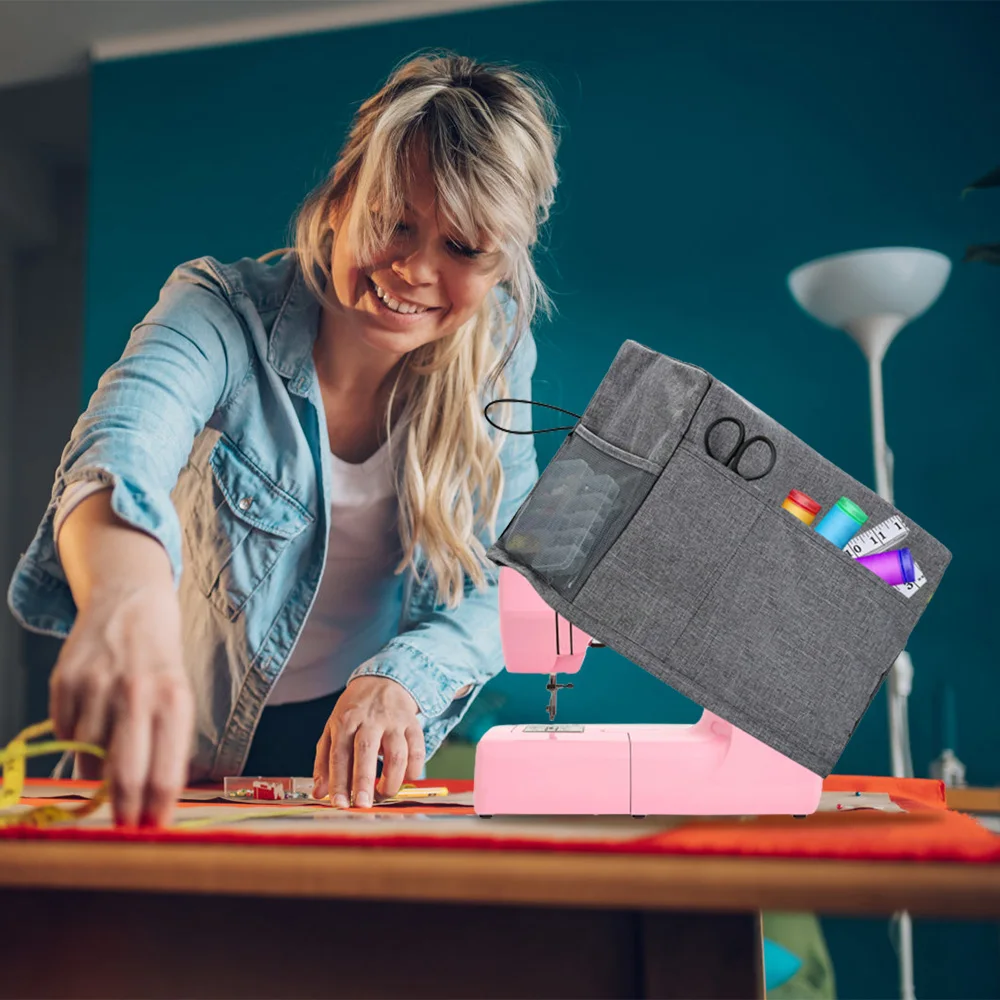 Home Seamstress Sewing Machine Cover Dustproof Protective Gray Polyester Fabric Case for Home Sewing Tool Organization