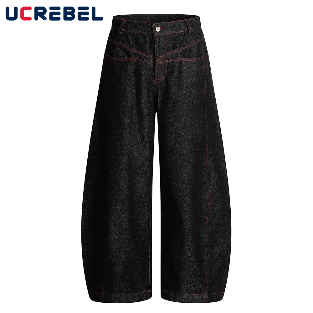 

Retro Dark Jeans Mens Pocket Top Stitch High Street Loose Wide Leg Denim Banana Pants Men