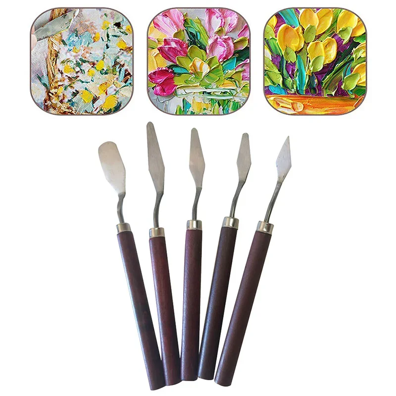 Stainless Steel Art Oil Painting Knife Color Mixing Knife Painting Supplies Wooden Flat Head Pointed Paint Scraper Blade