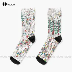 Where’S Wally/ Waldo - Find Wally/ Waldo Book - Part X Where’S Wally At The Ski Resort Socks 360° Digital Print Custom Gift