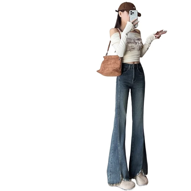 

Vintage Split Furred Edge Micro-cut Jeans Women's Autumn and Winter with Velvet Pear Shape Nostalgic Horseshoe Flared Pants New