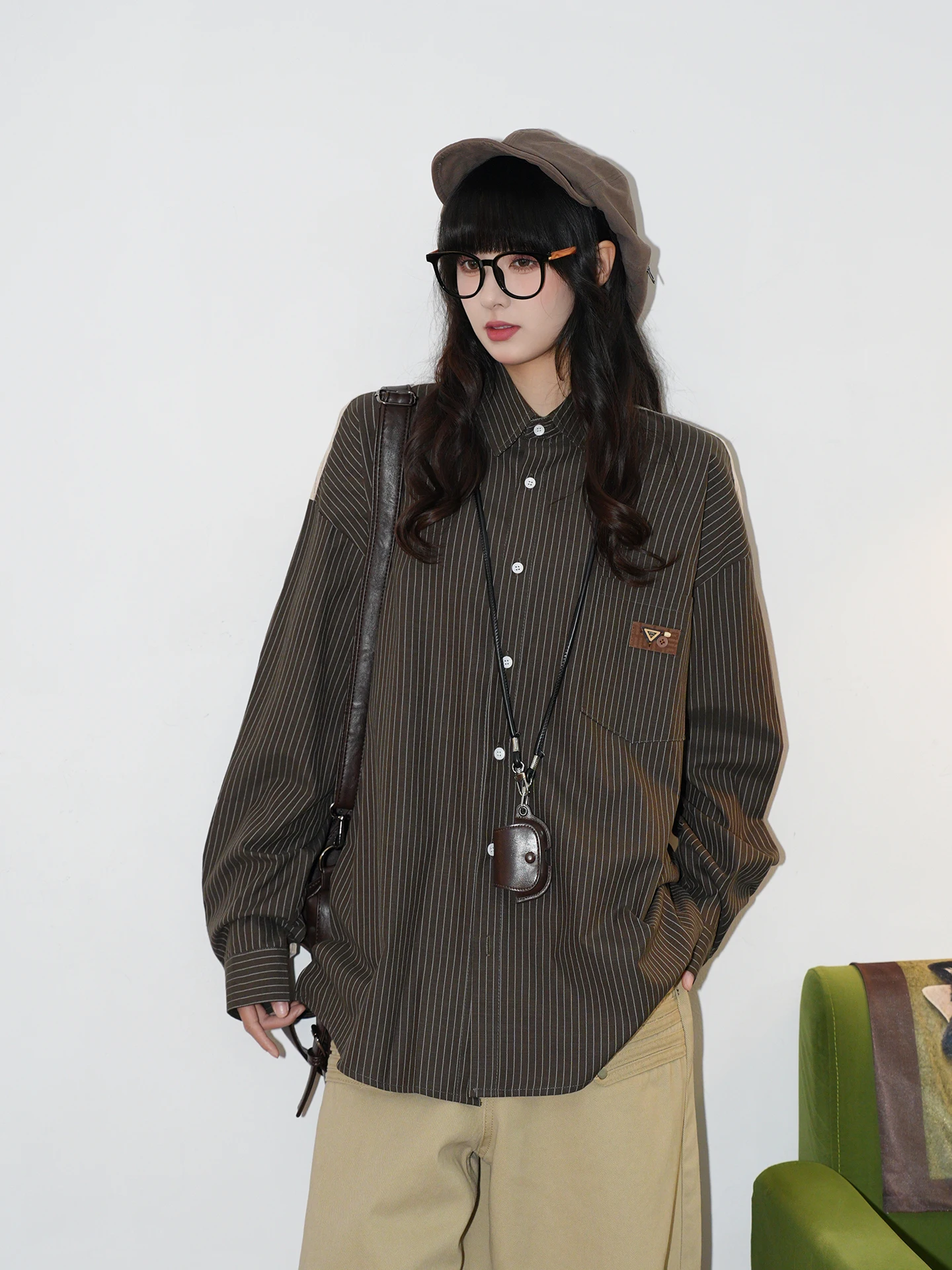 Retro Color Block Striped Long Sleeve Casual Shirt Women Loose Fit Autumn Trendy Button up Polyester Skins Breathable
