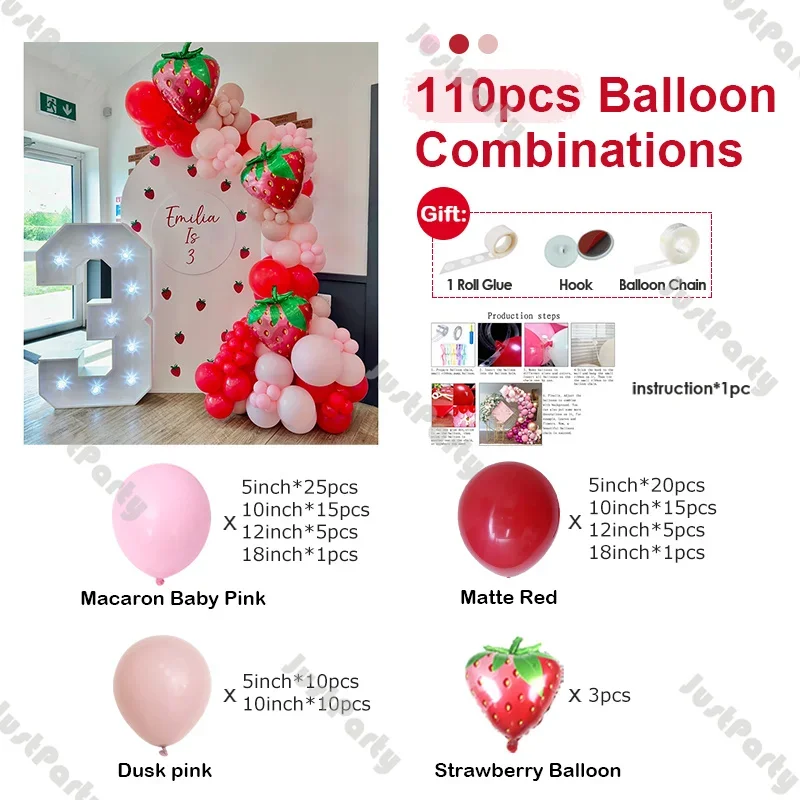 110pcs Strawberry Balloon Garland Pastel Red Pink Globos Baby Shower Sweet One Birthday Gender Reveal Wedding Summer Fruit Party