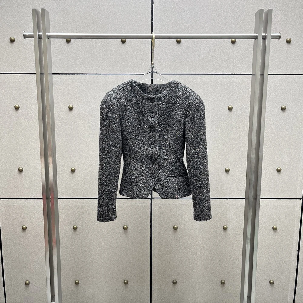Ladies Wool Mix Tweed Jacket Round Neck Single Breasted Blazer Women Speckled Texture Slim Long Sleeve Elegant Short Outerwear
