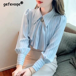 Spring Autumn Women's Korean Fashion Vintage Striped Print Shirt Office Lady Business Casual Elegant Blouse Bow Long Sleeve Tops