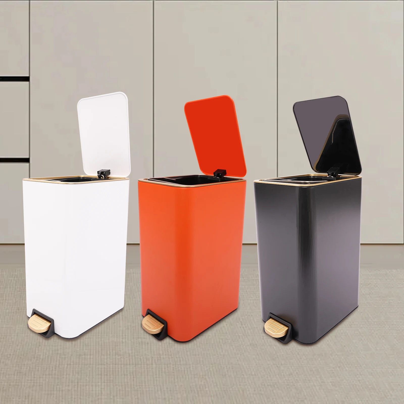 Poubelle en PP blanc/Orange/noir 12L, poubelle autoportante avec couvercle pour cuisine, chambre à coucher