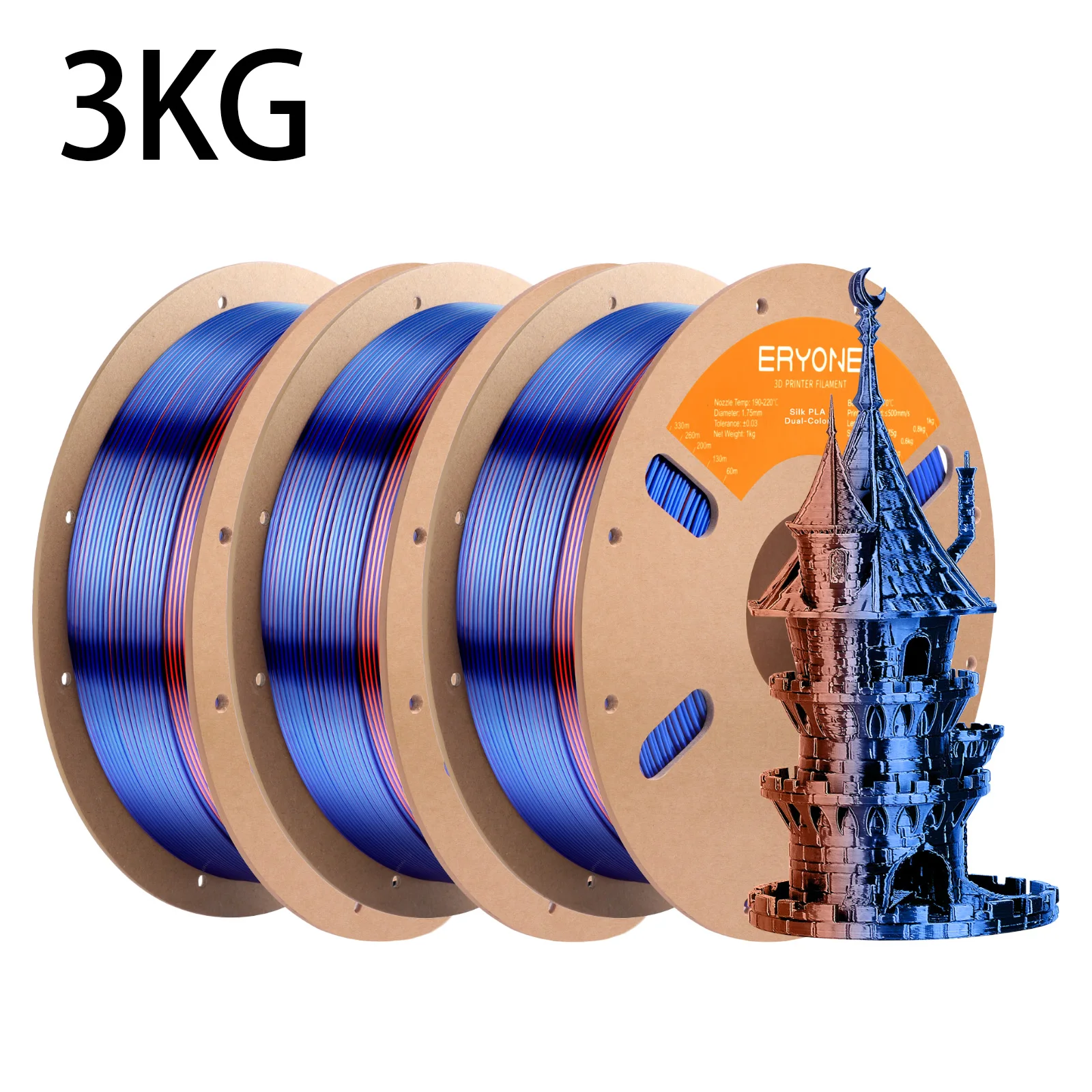 ERYONE 3KG PLA Dual Color Silk PLA Filament Compatibel met FDM 3D-printers 1KG 1,75 mm ±0,03 mm Perfecte spoelwikkeling 1kg spoel