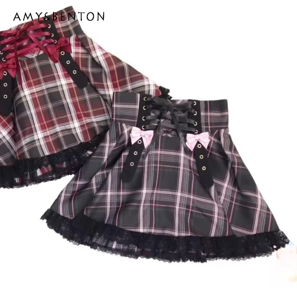 

Japanese SC Autumn New College Style Lolita Sweet Temperament Plaid Skirt Harajuku Goth Lace Patchwork High Waist A-line Skirts