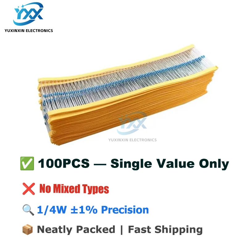 100PCS 1/4W 1% Metal Film Resistors Color Code Type 0Ωto10MΩ Resistencias for Arduino DIY Electronic Repair Circuits Component