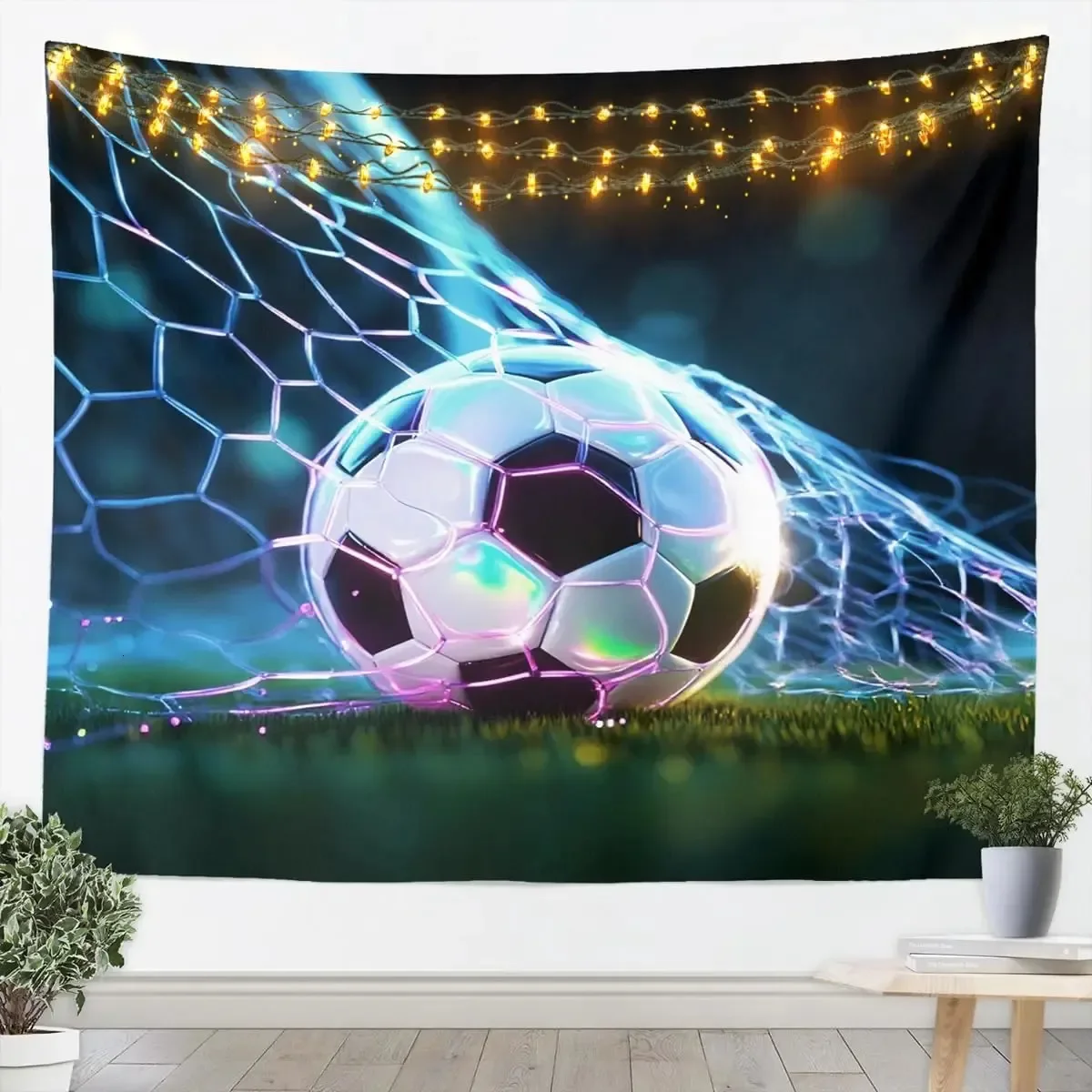 Vibrant Soccer Goal Net Backdrop Sports Fan Decor Glowing Football Field Banner for Game Room Party Wall Art