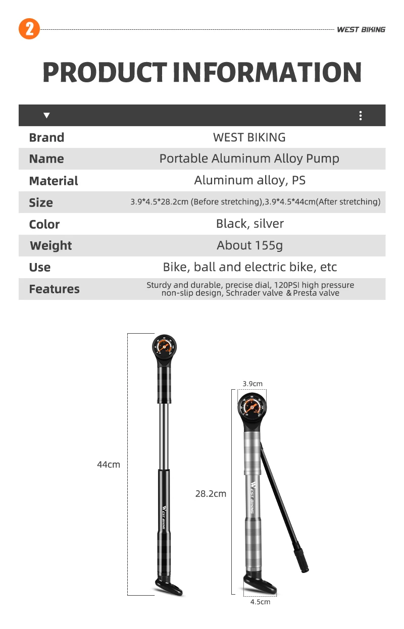 WEST BIKING 120PSI Tragbare Aluminium-Fahrradpumpe mit Druckmesser Schrader-Presta-Kompatibel Kompakte Fahrradpumpe – Detail 2