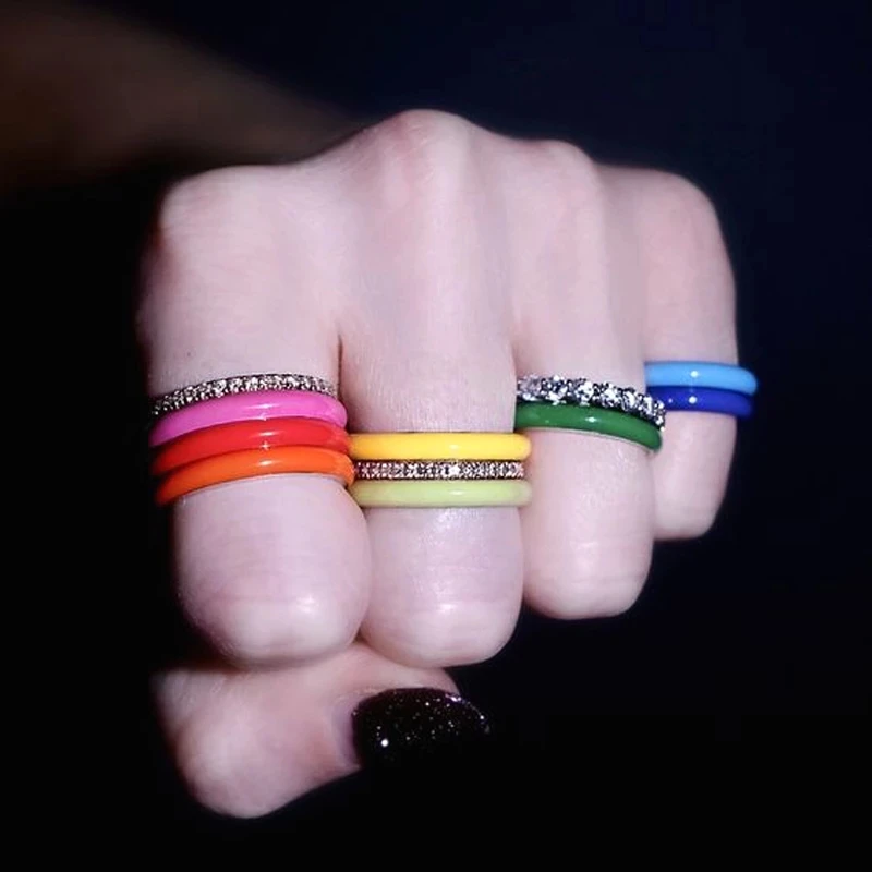 New arrived women tiny band colorful ring with rainbow enamel Cute shiny color stack finger rings for party wedding jewelry gift