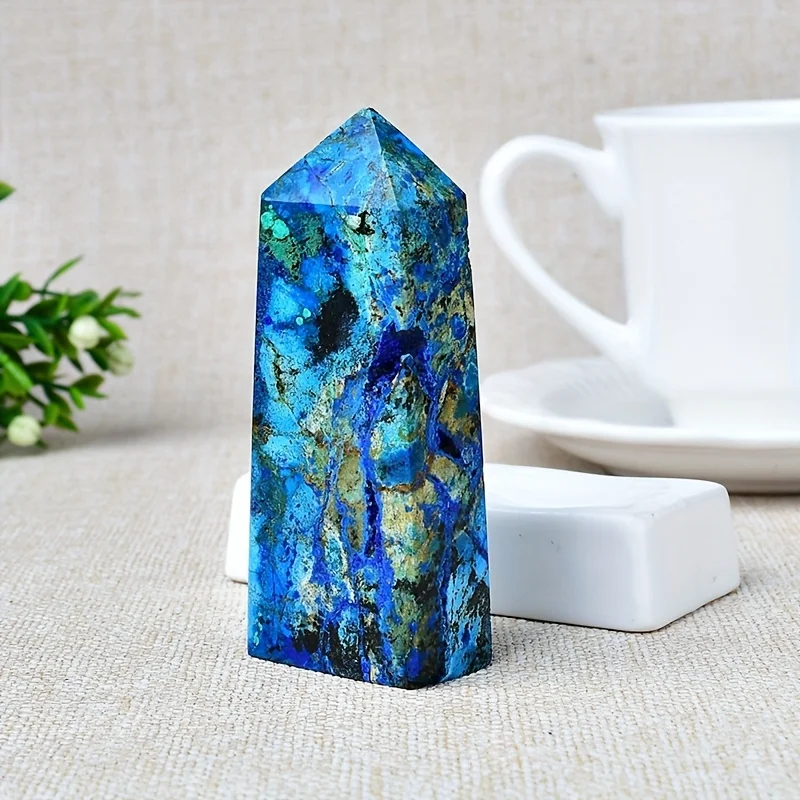 1pc Natural Azurite Crystal Tower - a Four-Sided Column with Vibrant Blue And Green Irregular Patterns, a Unique Home Decor
