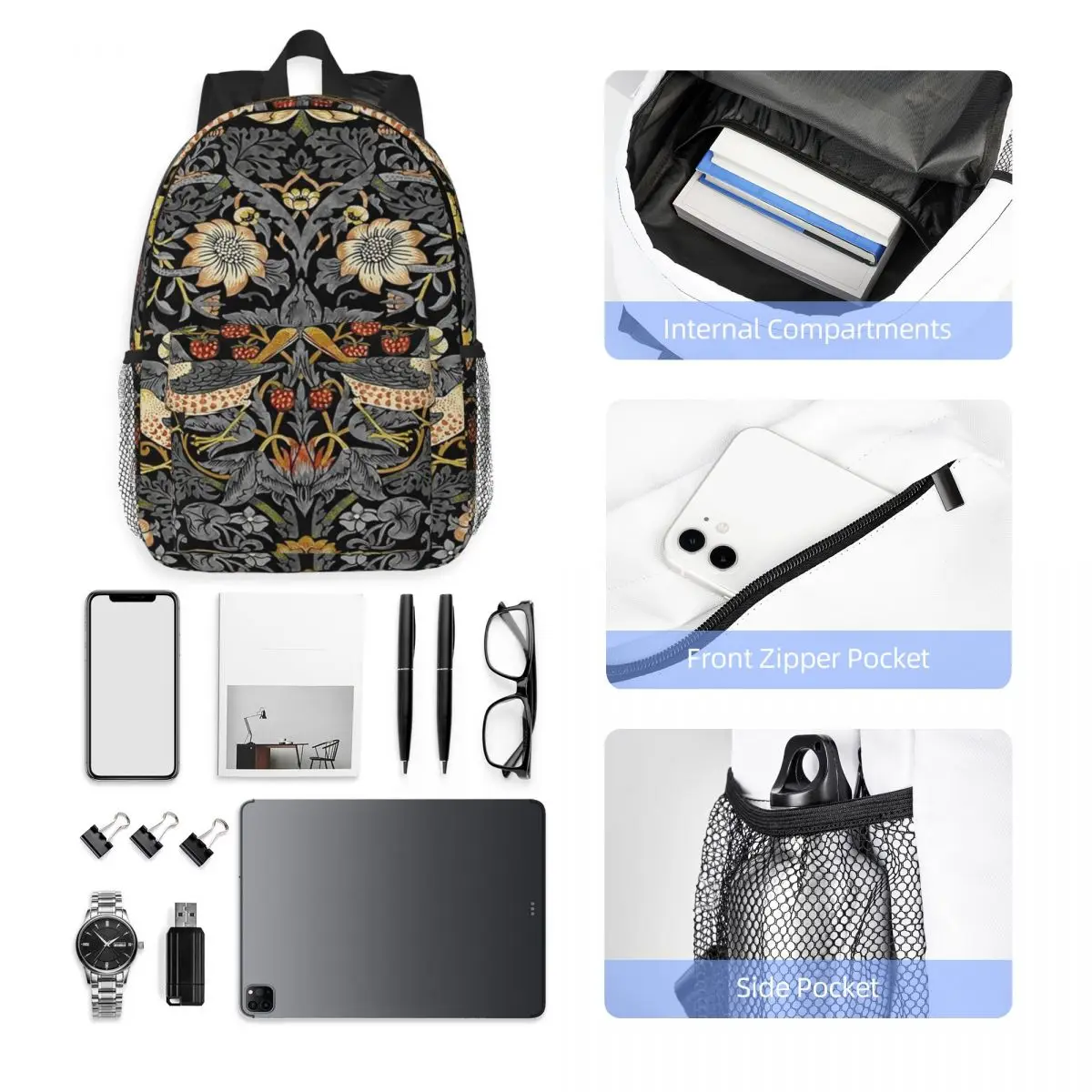 William Morris Strawberry Thief Backpack Hot Sale Daypack Large Capacity Boy Girl BookBag Shoulder Bags for Men Women School Bag