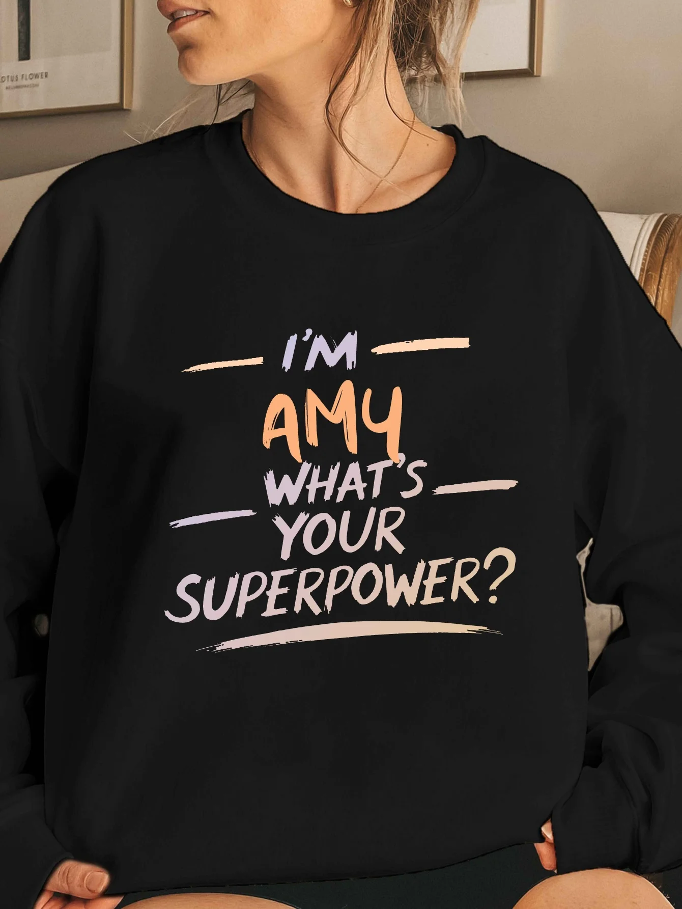 

Women's Polyester Crew Neck Sweatshirt with Amy Graphic Print, Casual Knit Fabric Pullover, Geometric Pattern, for Fall & Winter