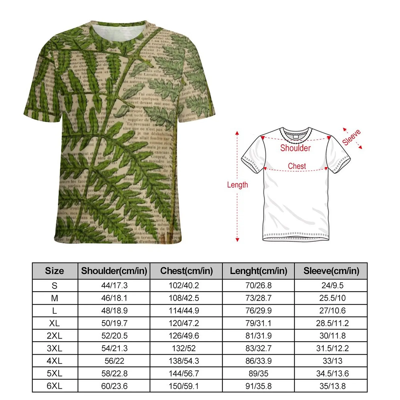 Vintage Newspaper T Shirt Fern Leaves Print Fashion T Shirts Couple Casual Tshirt Summer Short Sleeve Printed Clothes Big Size