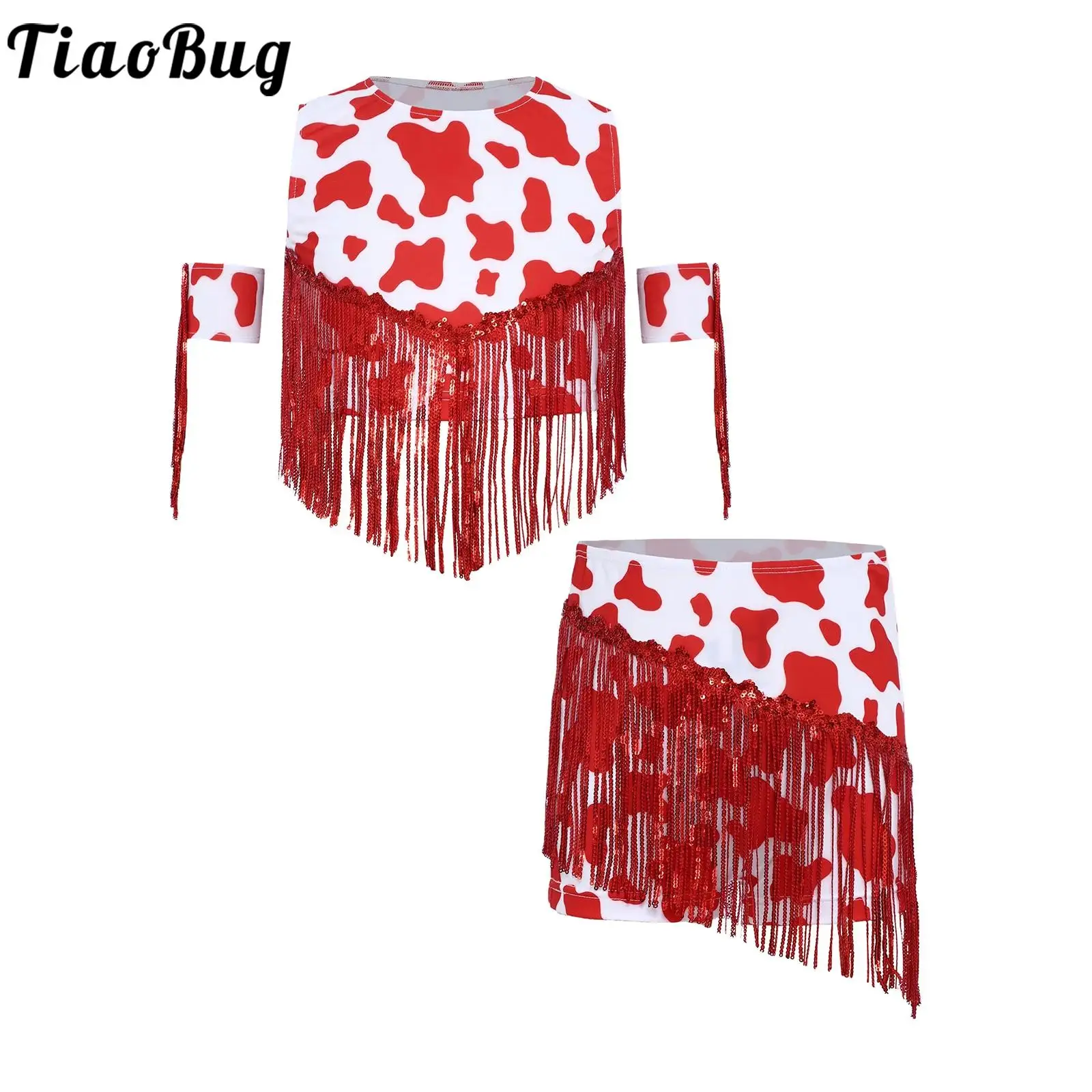 

Girls Western Cowgirls Tassel Costume Outfits Sleeveless Crop Top Fringed Shorts and Arm Sleeve Set for Halloween Fancy Dress Up