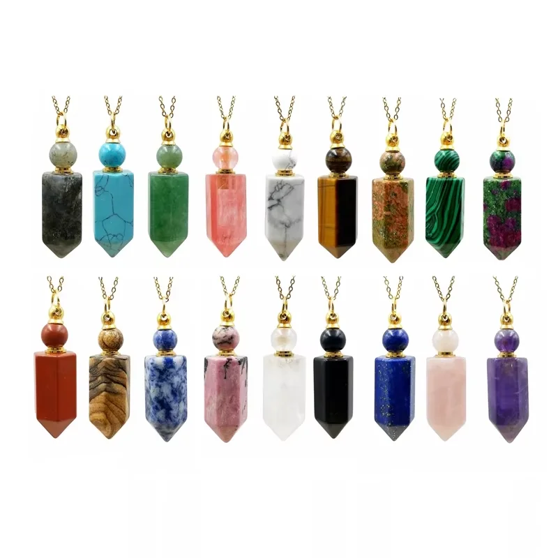 Natural Gemstone Hexagon Prism Necklace, Pointed Bottle Pendant, Chakra Crystal Labradorite Perfume Bottle Vials Jewelry