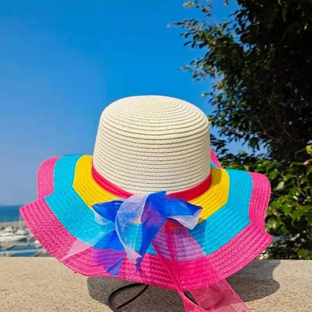 Foldable Rainbow Striped With Wire Edge Big Brim Straw Hats Beach Hats Summer Hats Sunshade