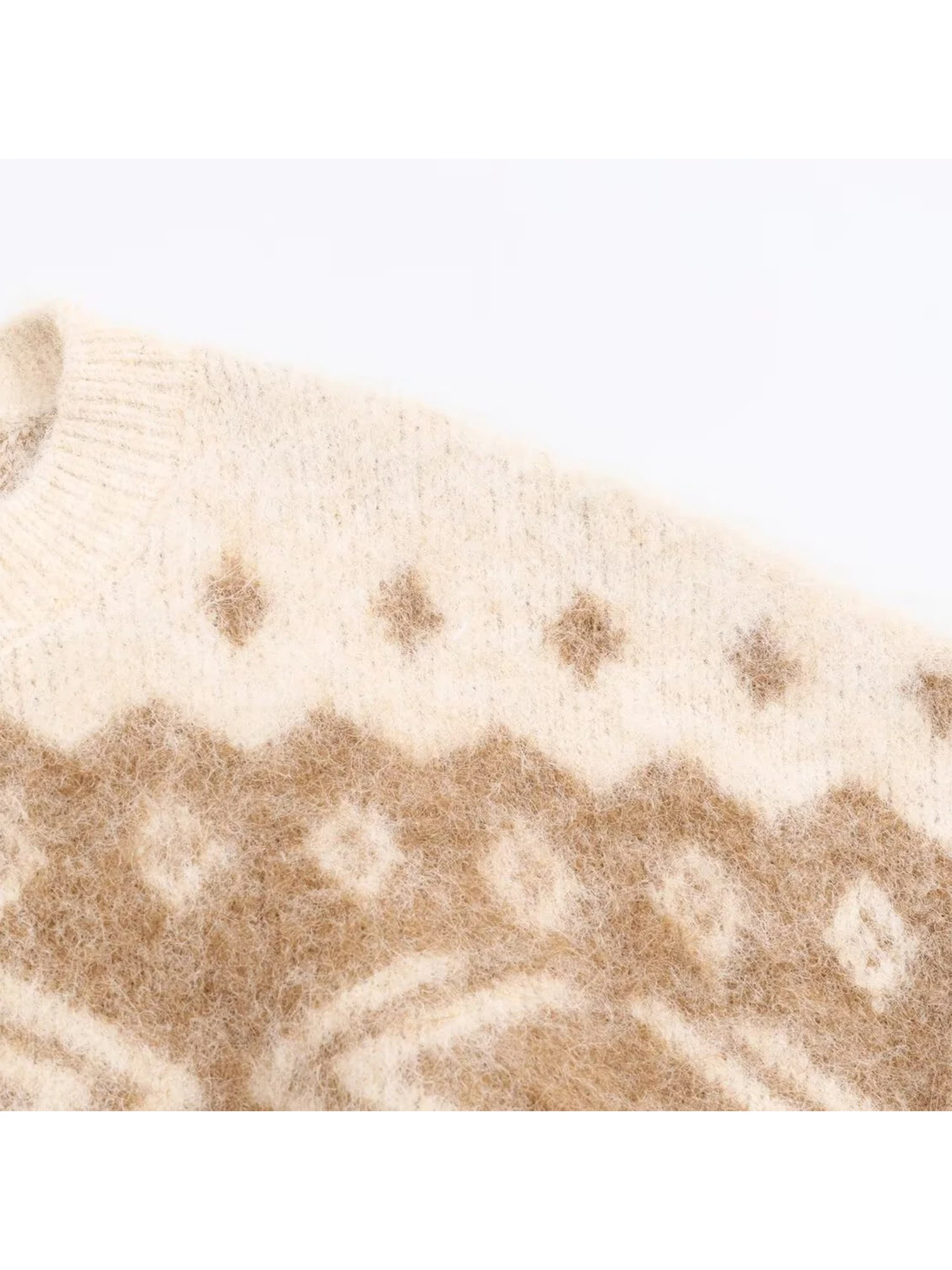Women's Apricot Jacquard Pullover Sweater Vintage Jumper Knit Long Sleeves O-Neck Cashmere Sweater Autumn Winter 2000s Clothes
