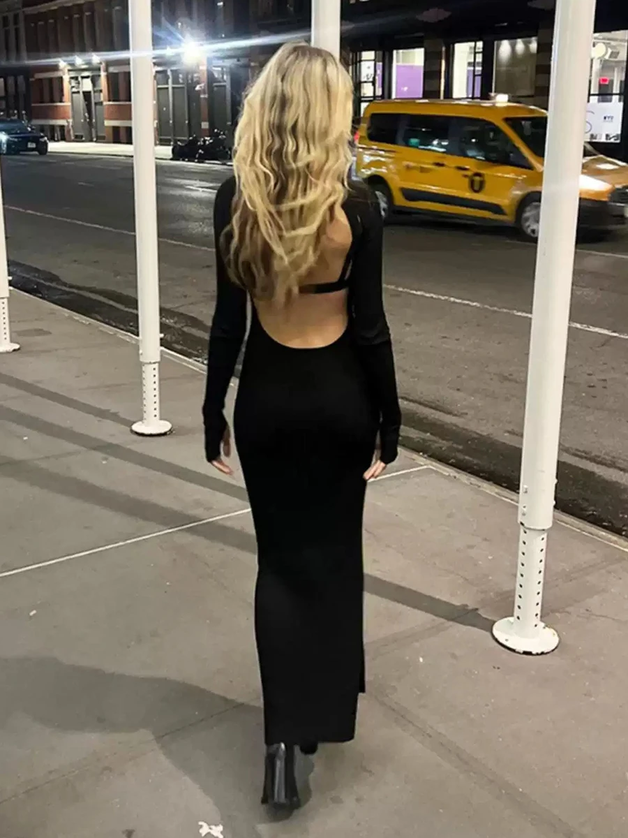 TWOTWINSTYLE New Solid Cut Out Knitting Elegant Dresses For Women O Neck Long Sleeve Pullover Slimming Midi Dress Female Fashion