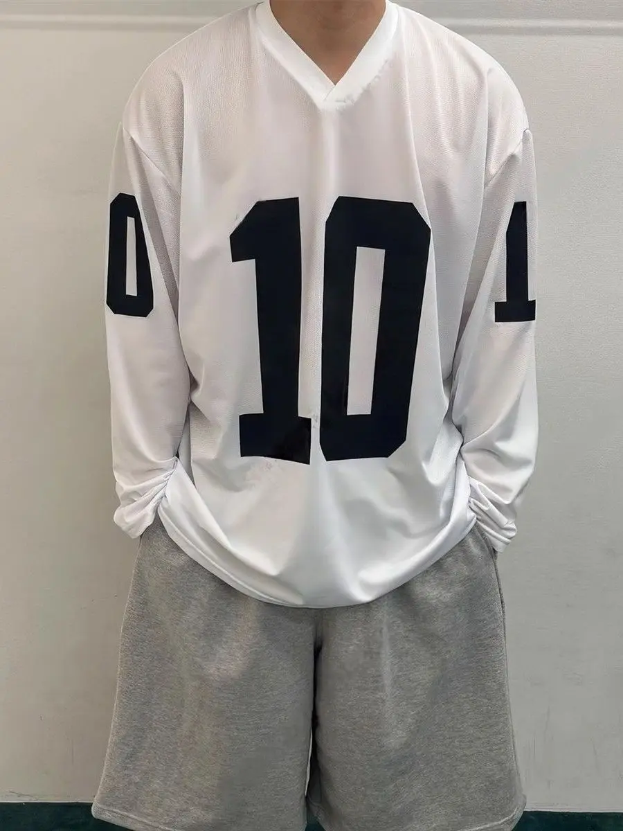 

Мужская осенняя спортивная футболка свободного кроя с V-образным вырезом и цифровым принтом, модная повседневная одежда