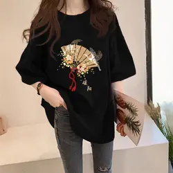 Fashion Printing Women's Clothing Casual Ladies Printing Tops Summer Loose Short Sleeve Pullovers 2024 New Solid Color T-Shirts