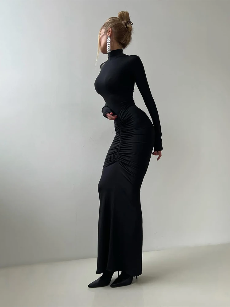 kliou Shirring Classic Women Maxi Dress High Street Autumn New Solid Turleneck Long Sleeve Bodycon Ladies Elegant Trend Vestidos