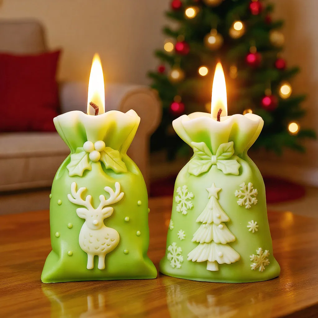 

Christmas Silicone Molds Gift Bag Shape with Elk and Tree Candel Molds for Candle Making Easy Demold Plaster Soap Resin DIY Tool