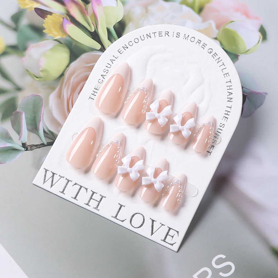 24pcs(+Herramientas) Uñas Press On Nude Rosado con Moño Perla Francesas Almendra Cobertura Completa Año Nuevo 5