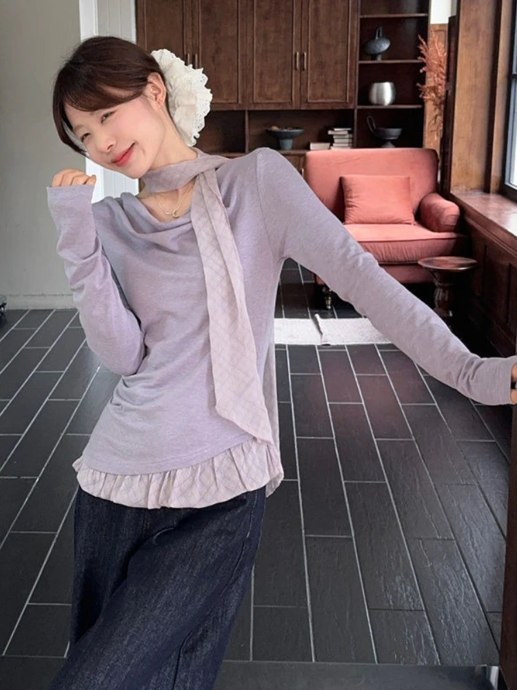 

Fashion Sweet T Shirts Long Sleeve Ruffles Patchwork Plaid Tops Female Slim Design Tees 2025 Spring Autumn New Women's Clothing