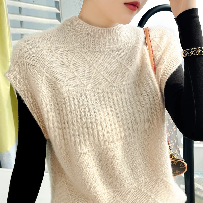 Half High Neck Sleeveless Wool Knit Vest For Women In AutumnWinter Solid Color Fashionable Warm And Loose 100%MerinoWool Sweater