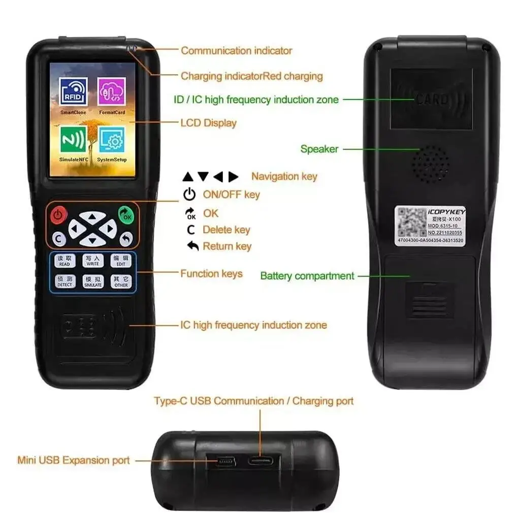 Nfc rfid duplicador icopia x100 programador de descriptografia avançada copiadora escritor 13.56mhz 125khz usb chave criptografada com voz