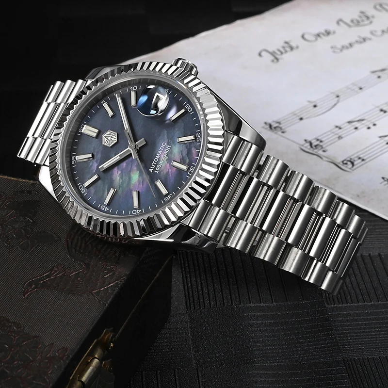 Reloj San Martin para hombre, 40mm, esfera de fregona Vintage, Retro, negocios, zafiro de lujo PT5000, bisel estriado tallado mecánico automático,