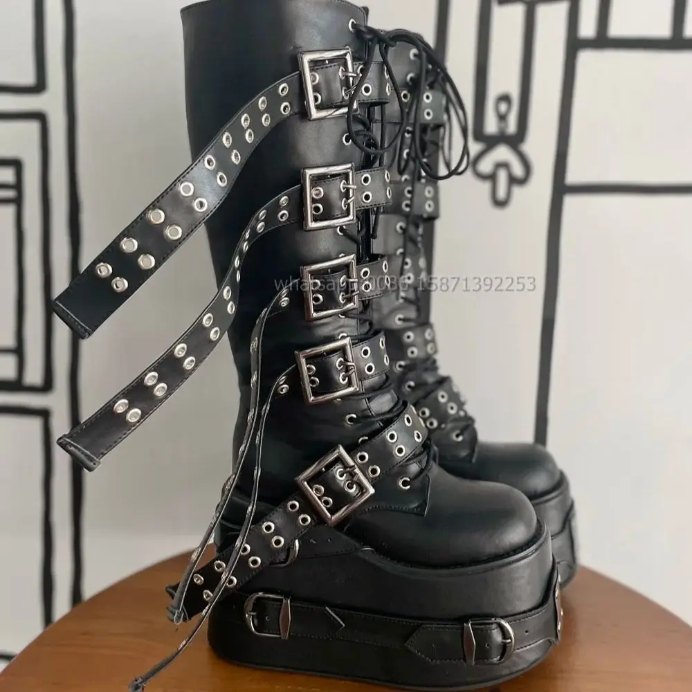 Belt Buckle Platform Motorcycle Boots Round Toe Height Increasing Cross Tied Patchwork Booty Punk Plus Size Booties Heavy Work