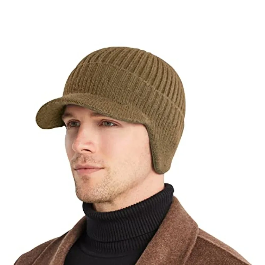 

Men's Winter Hat with Brim Warm Earflaps Hat for Men Thick Fleece Lined Knit Winter Beanie Outdoor
