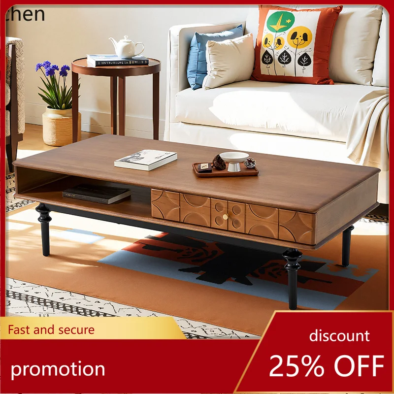 ZML Solid Wood Coffee Table Vintage Living Room Small Apartment Simple Small Coffee Table Rectangular Storage Cabinet