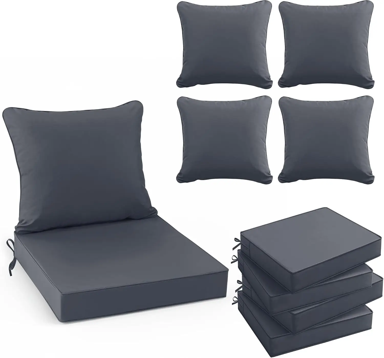 Patio Chair Cushions Set Of 4, Deep Seating Replacement Seat Cushion And Backrest Pillow Set For Outdoor Furniture, Water Resistant Sofa Seat Cushion Set For Garden Porch Deck, Dark Grey
