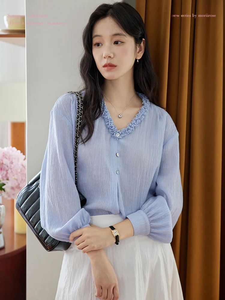 

Женская винтажная блузка Moriirose синего цвета с длинным рукавом, V-образным вырезом и плиссировкой, осенняя, дышащая, из полиэфирного волокна, удобная для повседневной носки