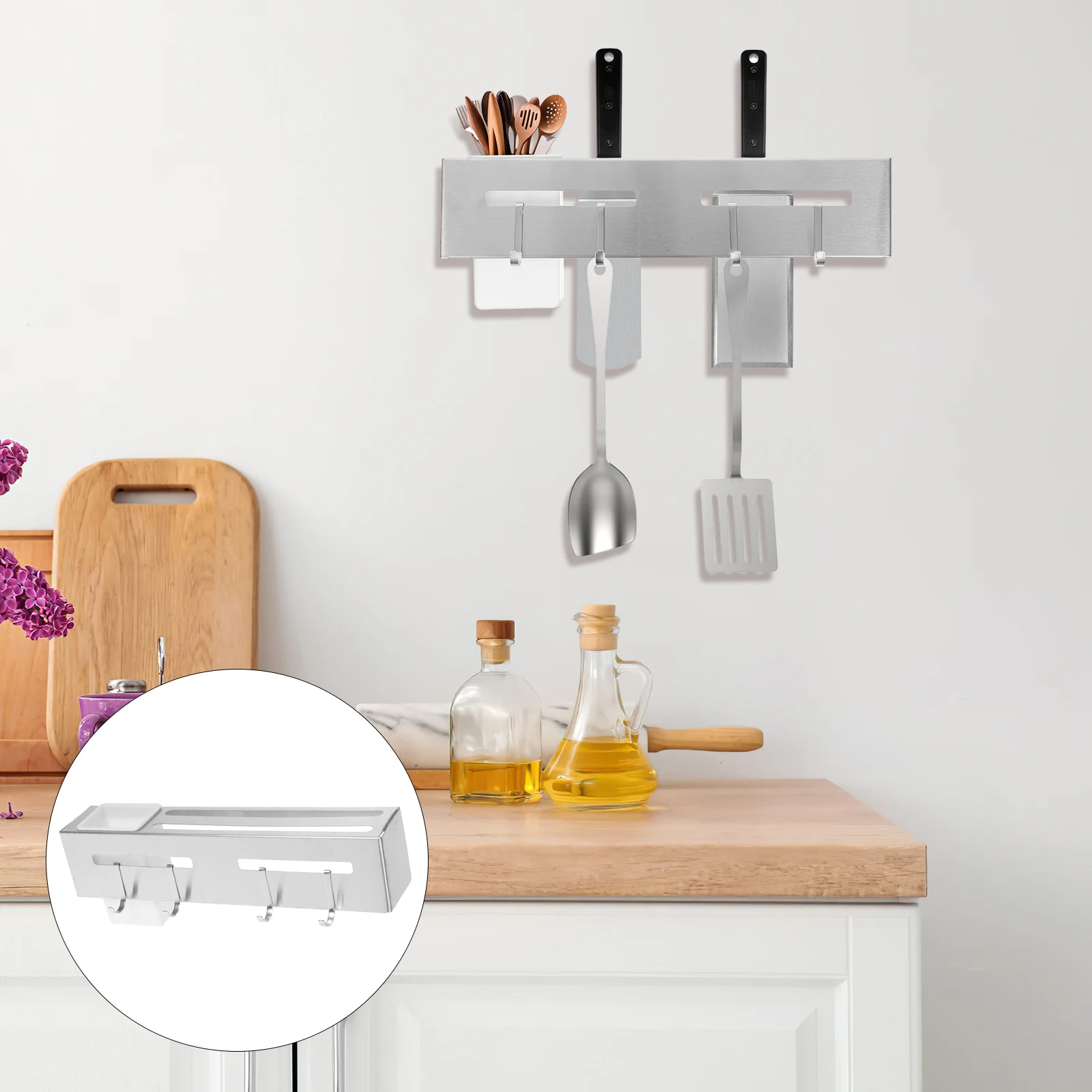 

Stainless Steel Wall Mounted Cutter Holder Kitchen Rack No Drill Storage Organizer Utensil Wall Rack Compact Cutlery Holder